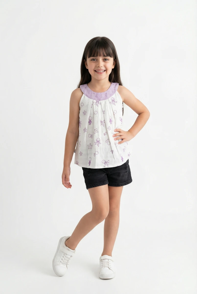 Young girl smiling in a white sleeveless tunic with purple prints, black denim shorts, and white sneakers.