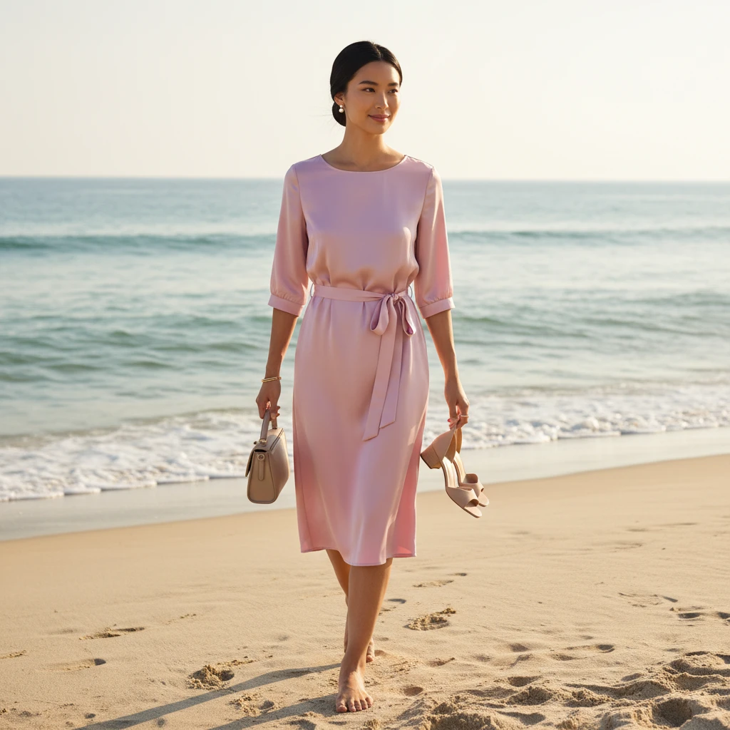 A woman walks barefoot on a sandy beach wearing a midi-length pink silk dress with a tied waist, carrying sandals and a handbag.