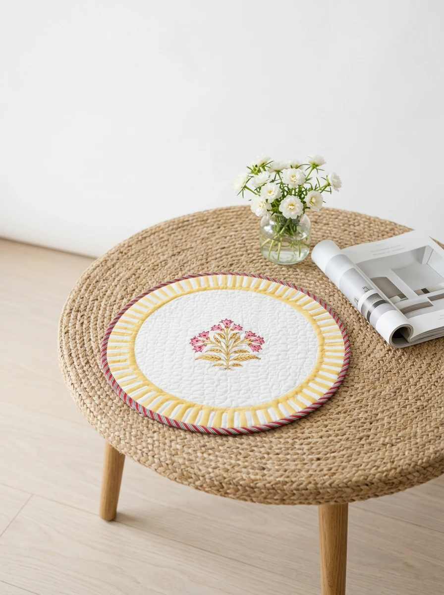 Round quilted table mat with floral print on a woven rattan coffee table.