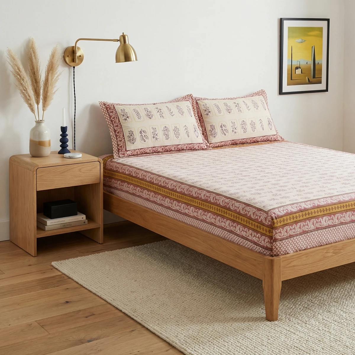 Kanika bed dressed in patterned bed sheets with floral print in pink, red, and yellow on a wooden frame.