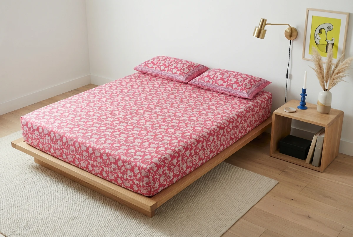 Kanika pink floral bed sheet set with matching pillows on a wooden platform bed in a bright bedroom.
