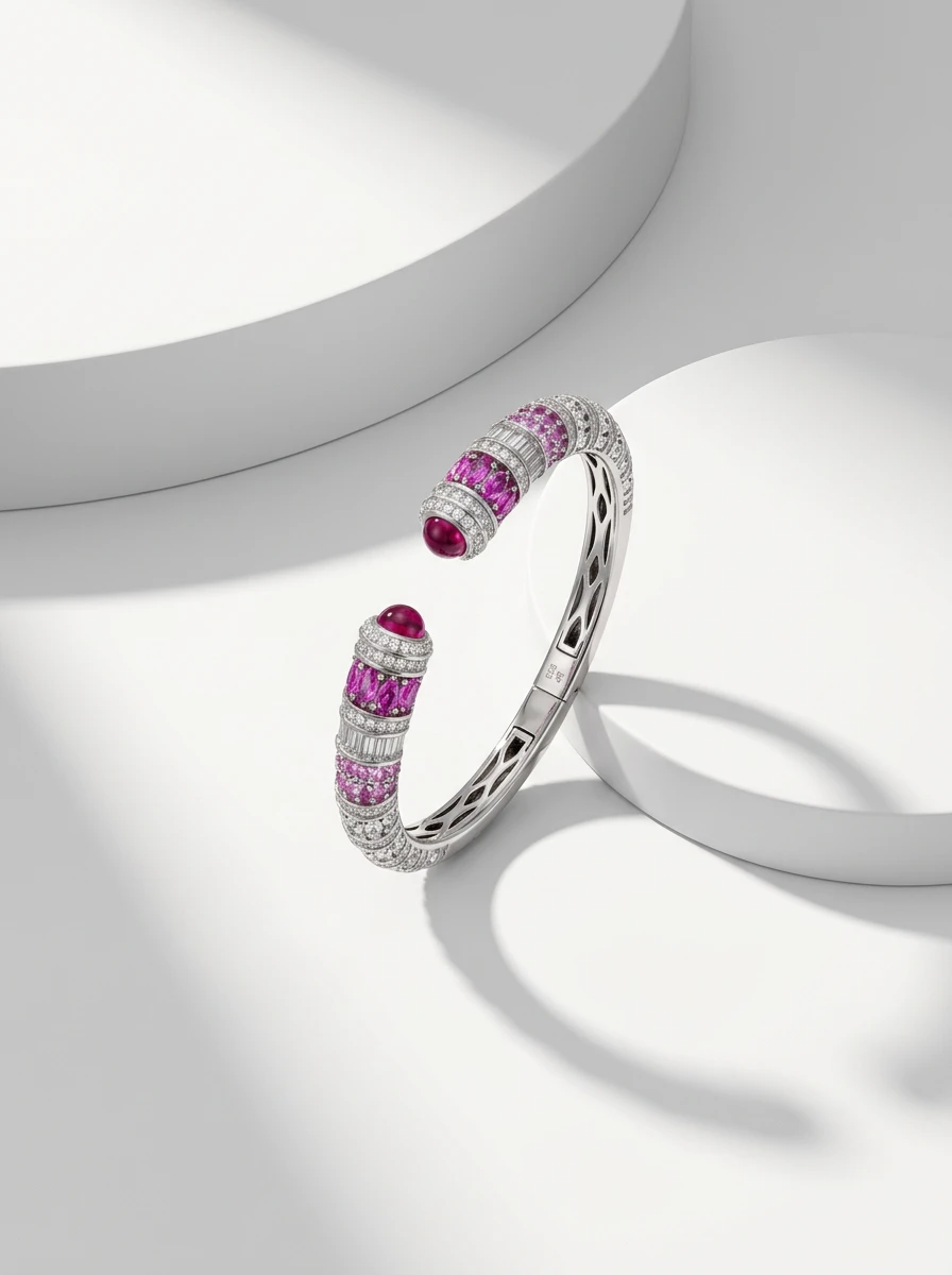 Studio AI photoshoot of a jeweled bracelet with pink stones on platforms, for a bracelet brand selling on marketplaces