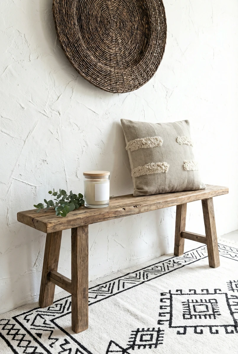 Sanskruti cushion in a neutral waffle-knit texture with tufted accents placed on a rustic wooden bench against white walls.