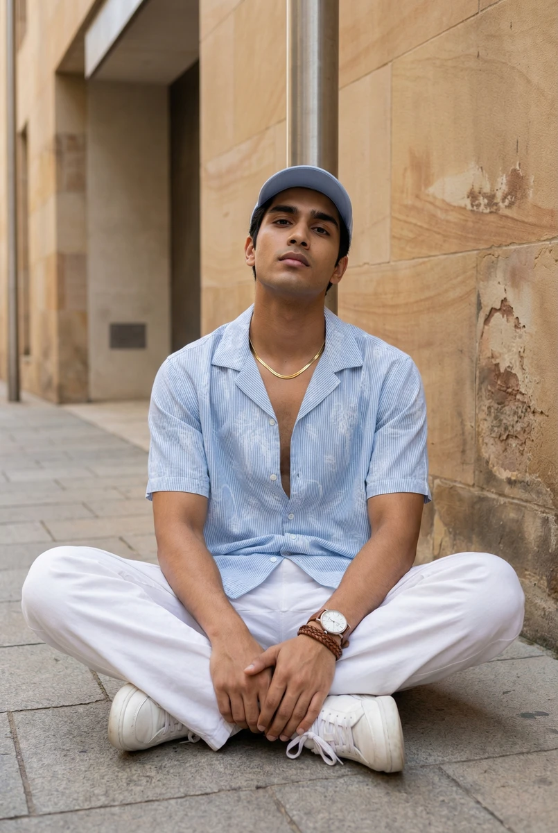 Man sitting cross-legged wearing a light blue patterned shirt, white trousers, matching cap, and sneakers against a stone wall.