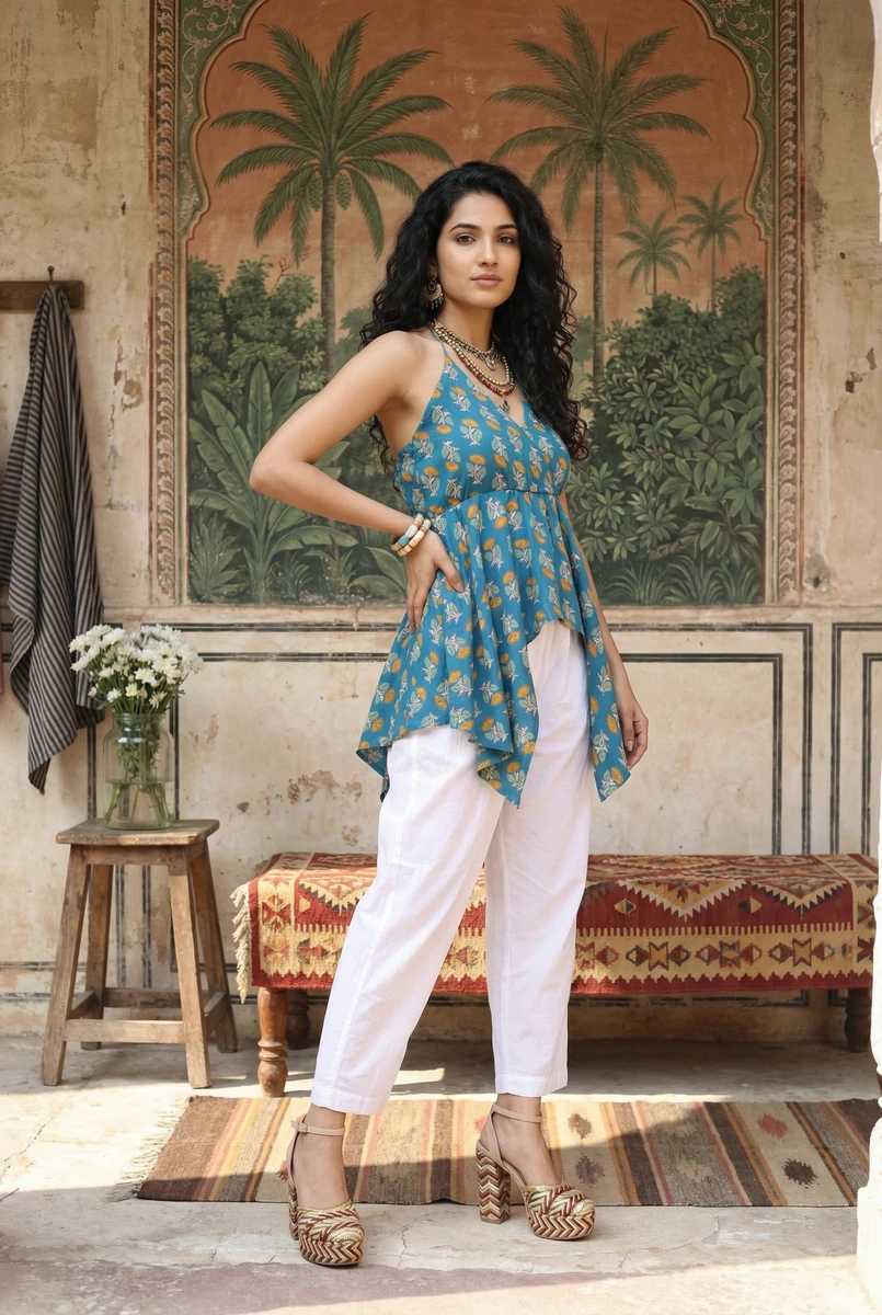 Woman wearing a blue floral halter top and white pants against a painted wall.