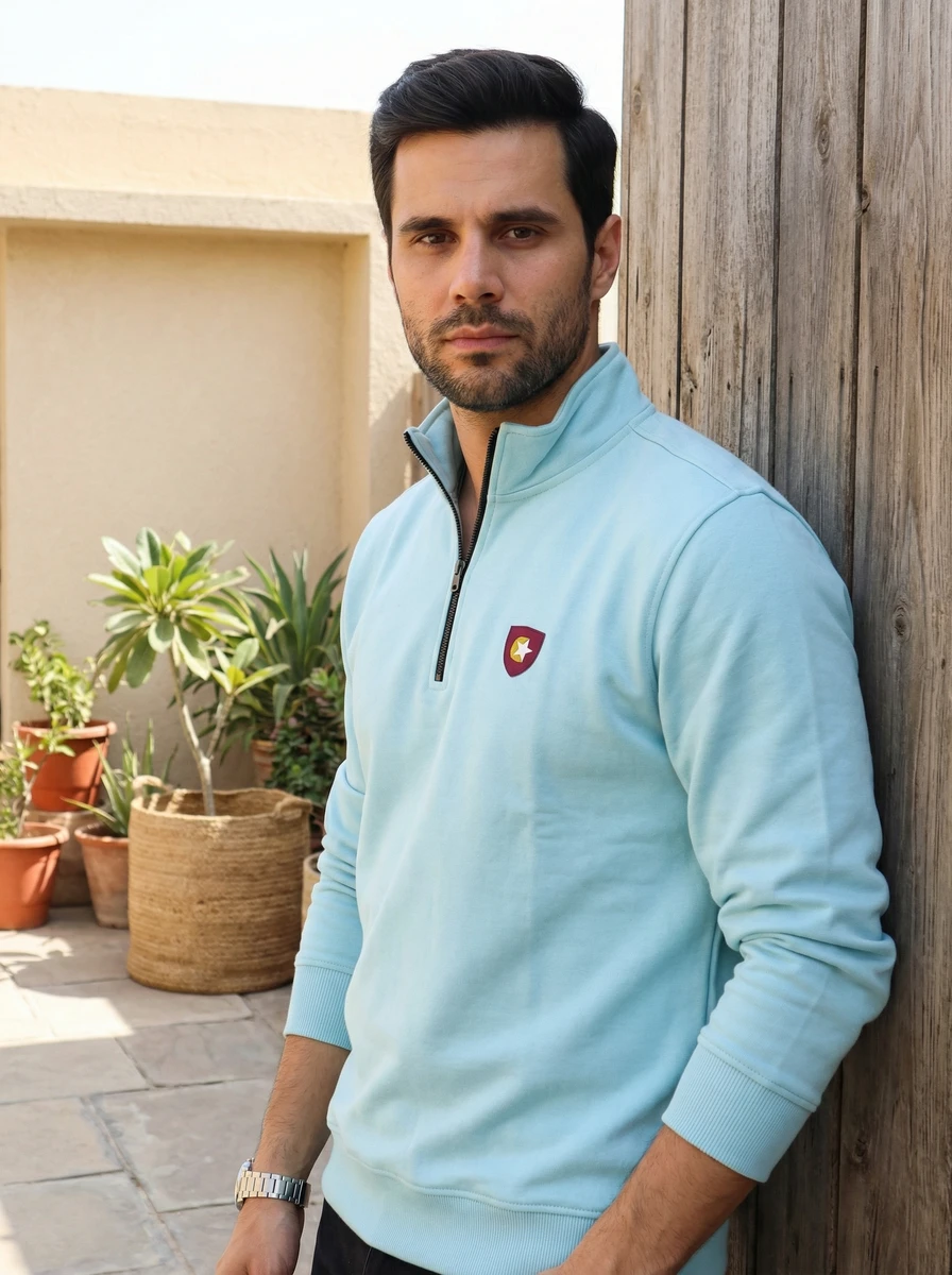 Man wearing a light blue quarter-zip sweatshirt leaning against a wooden wall on a sunlit terrace.