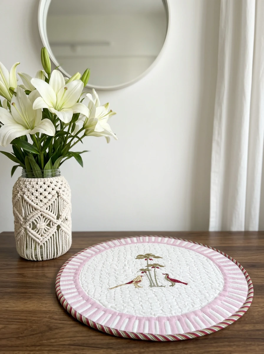 Round quilted table mat with pink and white border and embroidered birds on a wooden table beside a vase of white lilies.