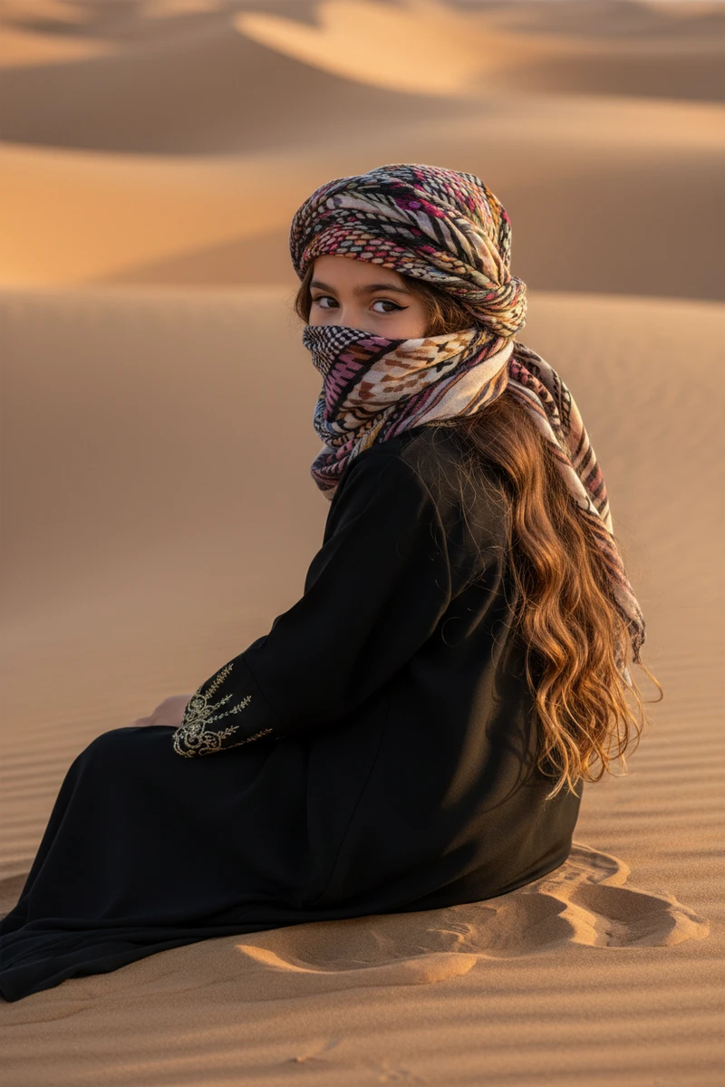 A child in a black abaya with gold embroidery sits on desert dunes, wearing a patterned scarf over her head and face.