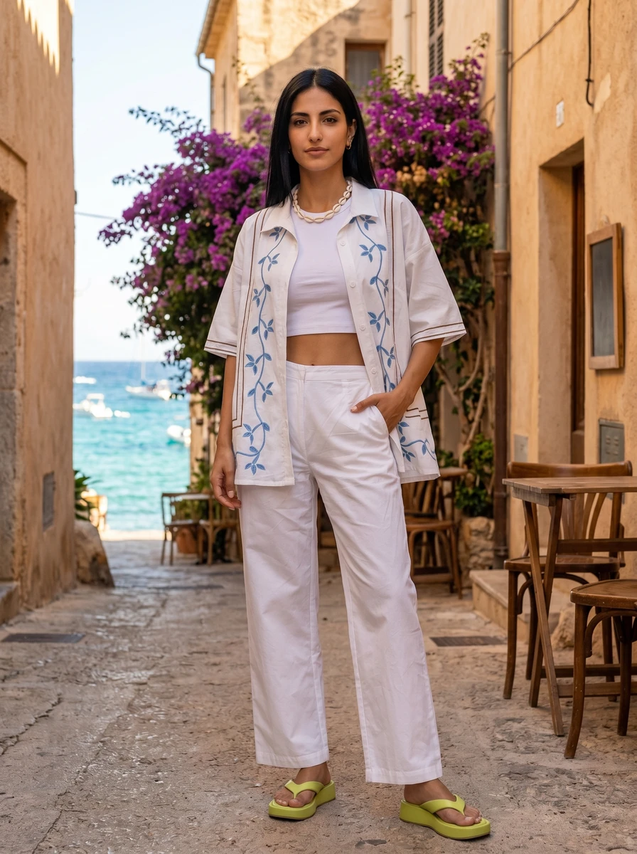 Woman in white trousers and embroidered button-down shirt standing in a sunny coastal alleyway.