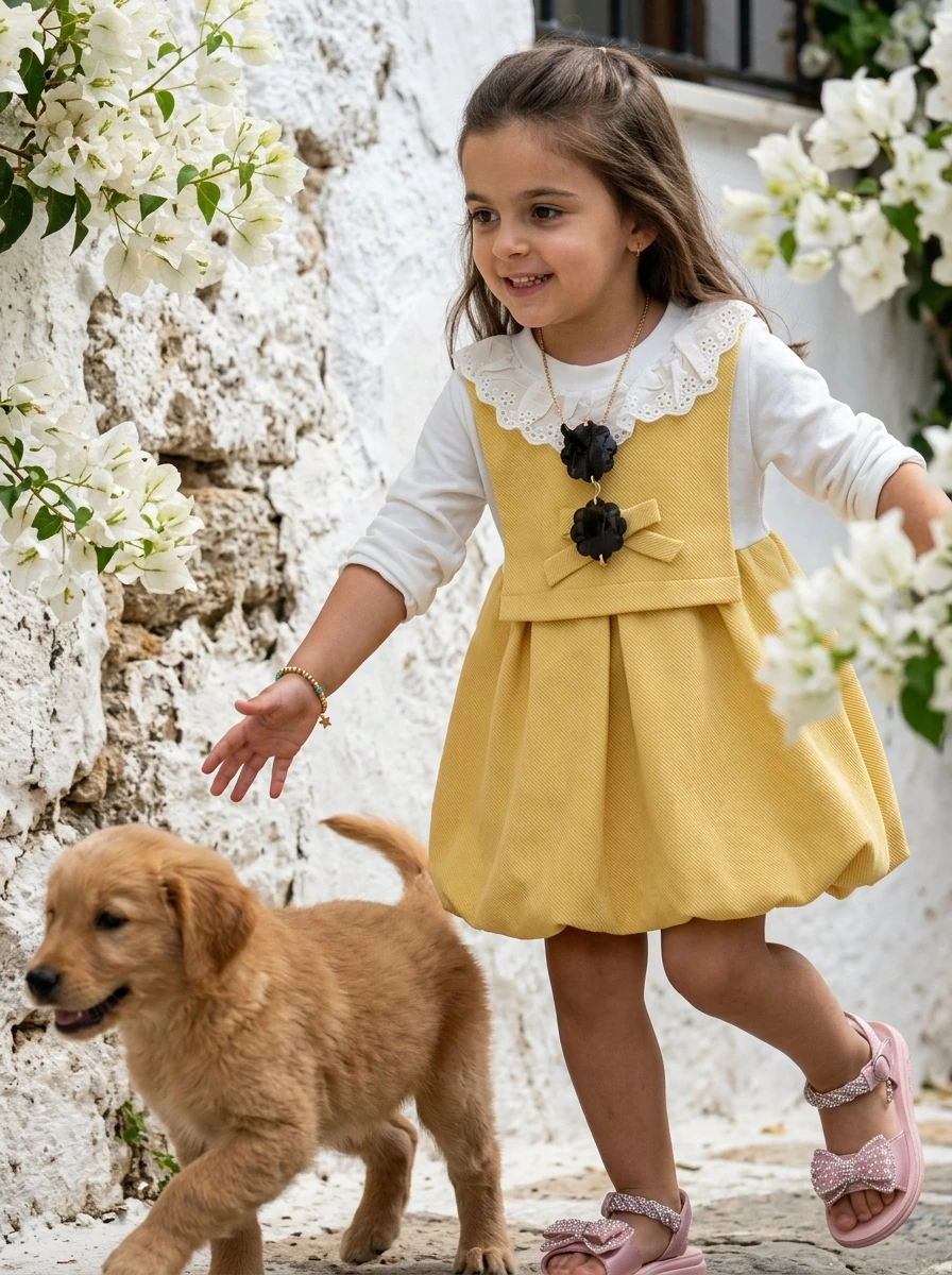 Young girl wearing a yellow bubble dress and white collared shirt walking with a golden puppy.