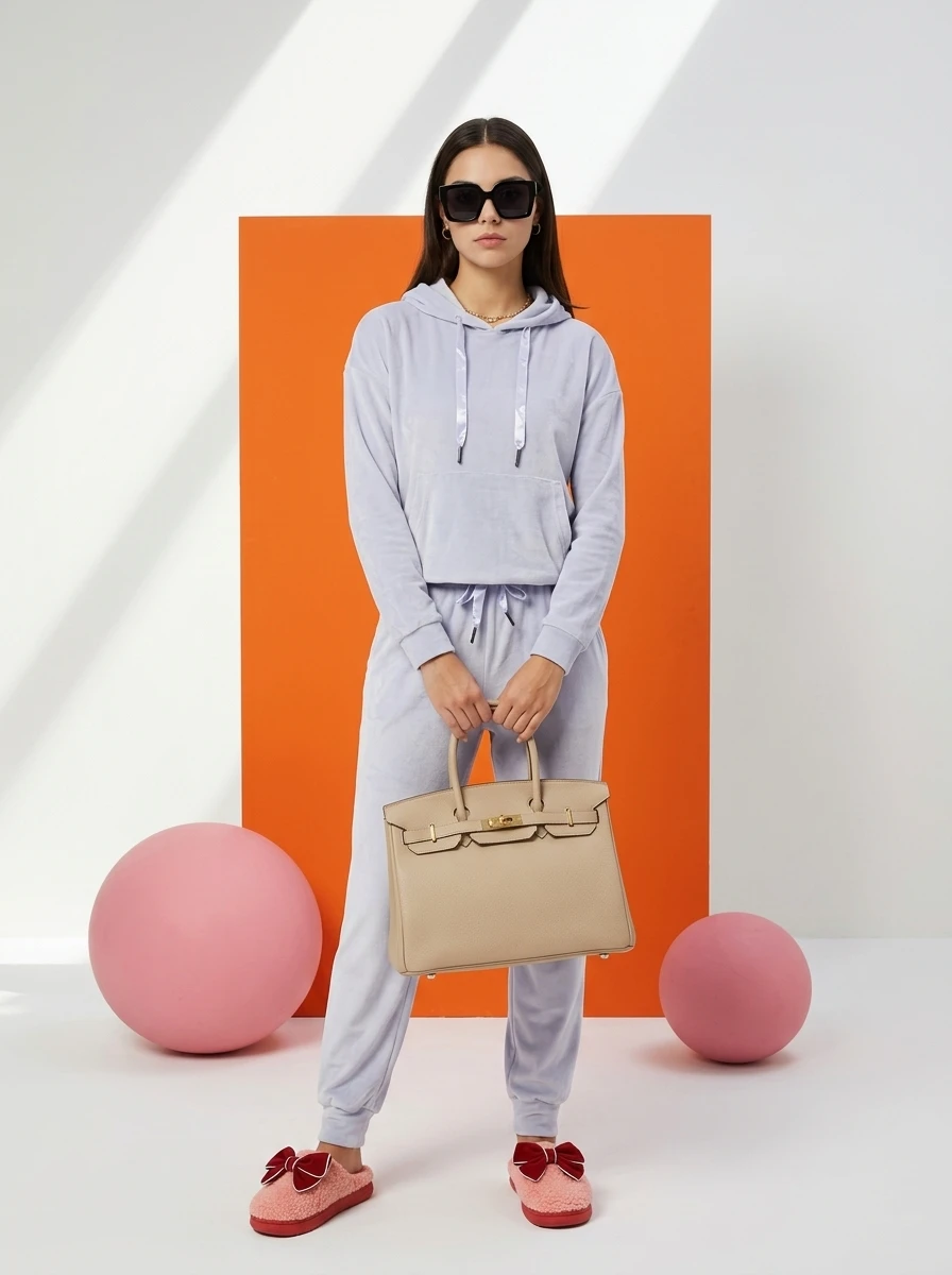 Woman wearing a light blue velour hoodie and matching joggers, holding a tan handbag with pink bow slippers, against orange.