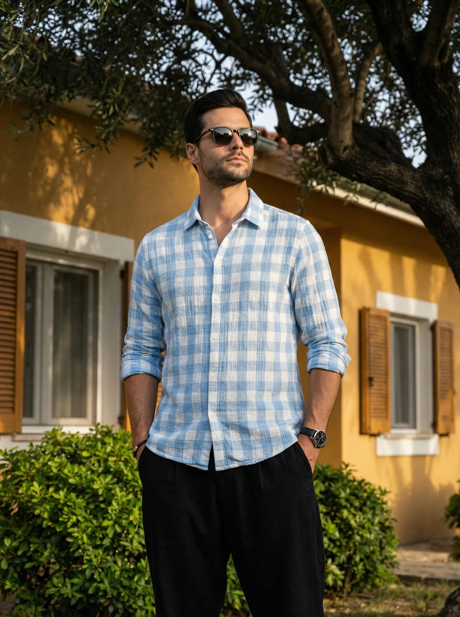 Man wearing a light blue and white plaid shirt and black pants standing outdoors.