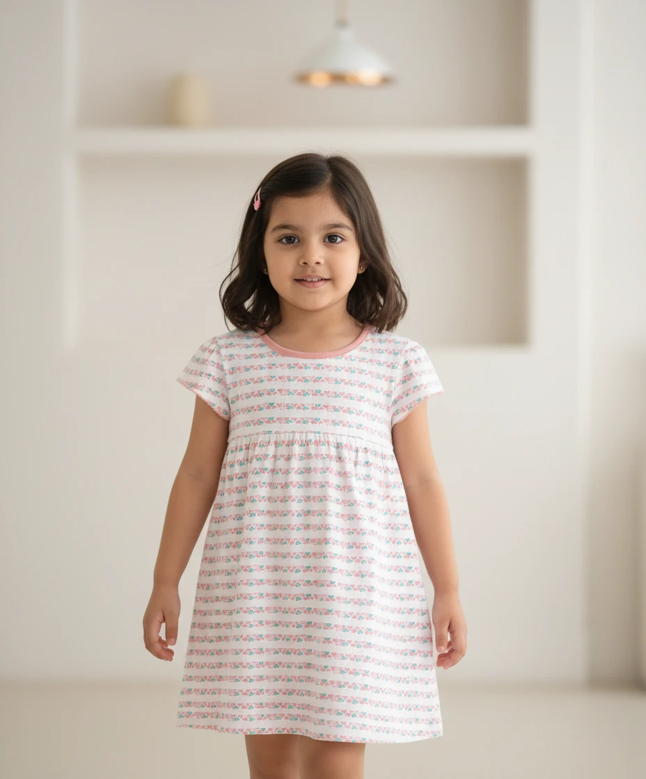 A young girl smiling while wearing a short-sleeved white dress with pink and blue stripes indoors.