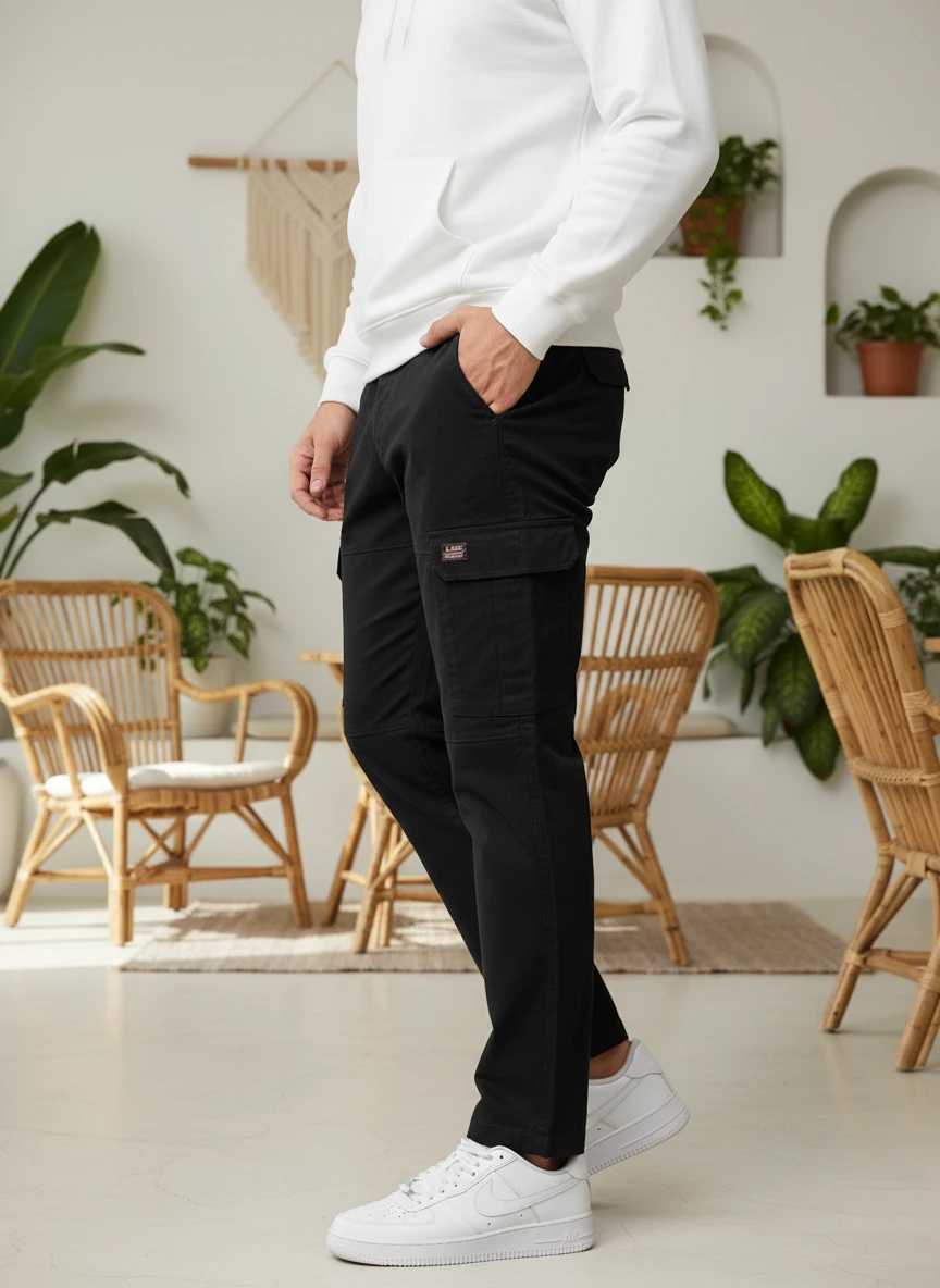 Man wearing black cargo trousers with side pockets and white sneakers, styled with a white hoodie in a bright room.
