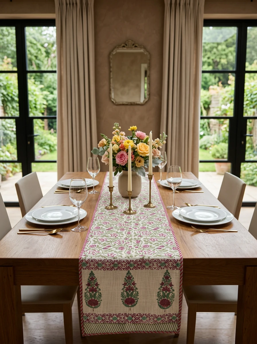 A floral table runner with a green and pink block print pattern centered on a wooden dining table in a bright room.