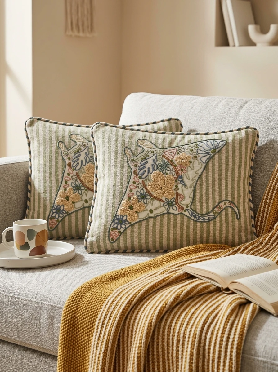 Two green and white striped cushions with embroidered manta ray designs on a grey sofa.