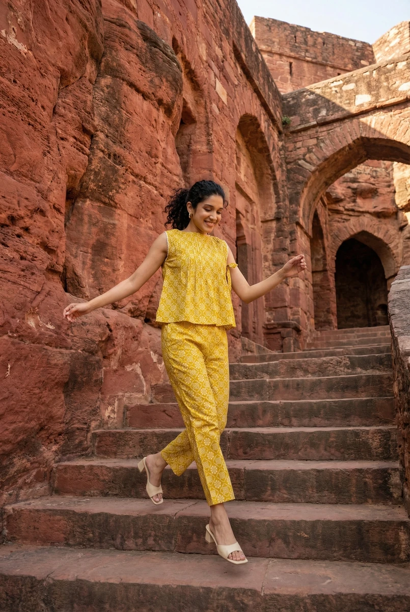 A woman wearing a yellow patterned sleeveless top and matching pants descends ancient red stone stairs.