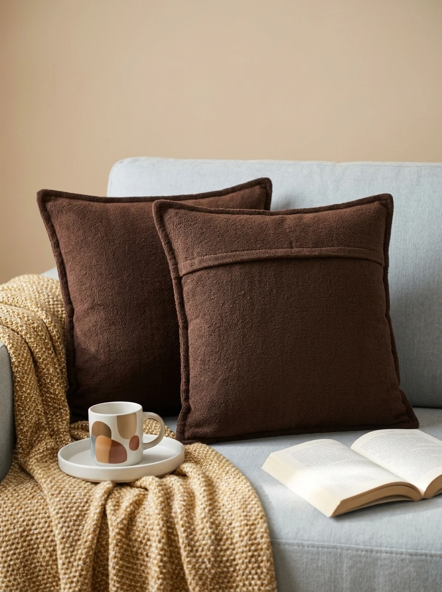 Two dark brown textured cushions on a light grey sofa with a yellow knit throw blanket, ceramic mug, and open book.