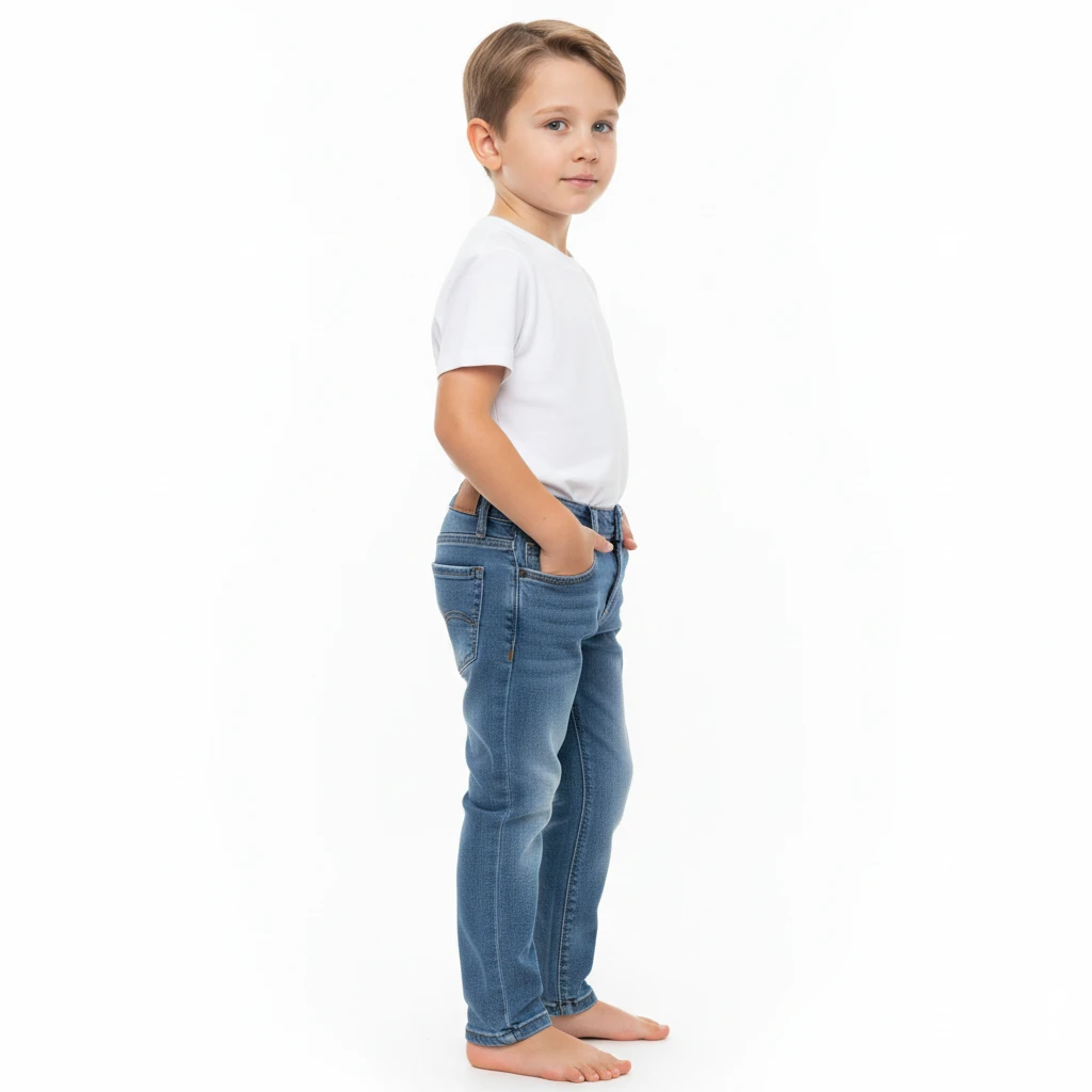 Young boy in a white crew neck t-shirt and slim fit blue denim jeans standing barefoot against a white background.