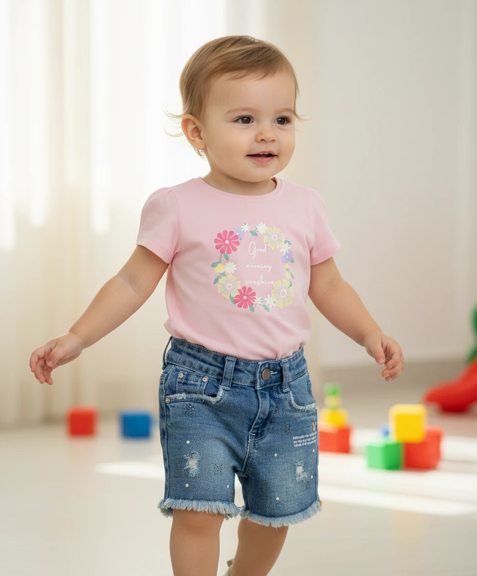 Toddler wearing a pink floral graphic t-shirt and blue denim shorts with frayed hems in a bright room.