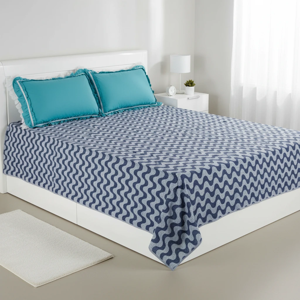 Bed with a blue and white wavy pattern sheet set and turquoise ruffled pillow shams in a bright, modern bedroom.