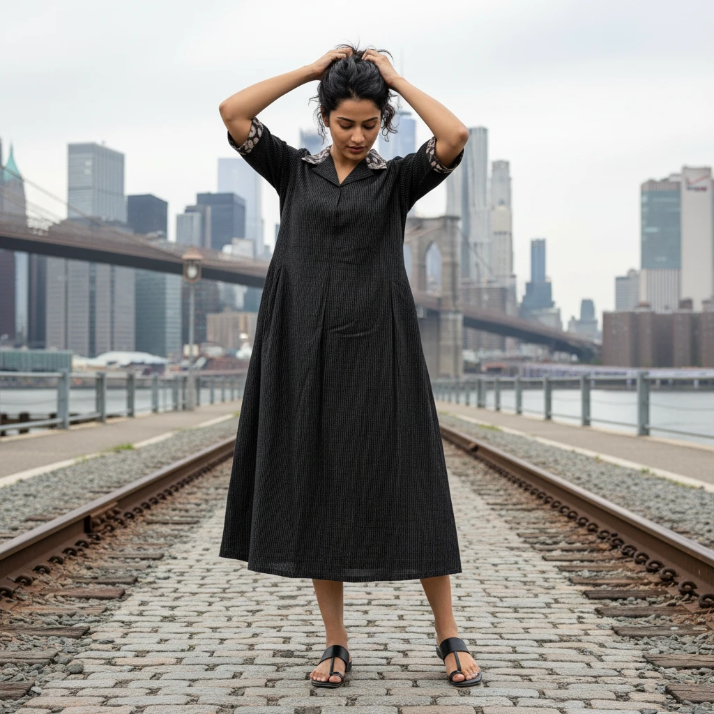 Woman wearing a black midi dress with patterned collar and cuffs, posing on old tracks against a New York city skyline.