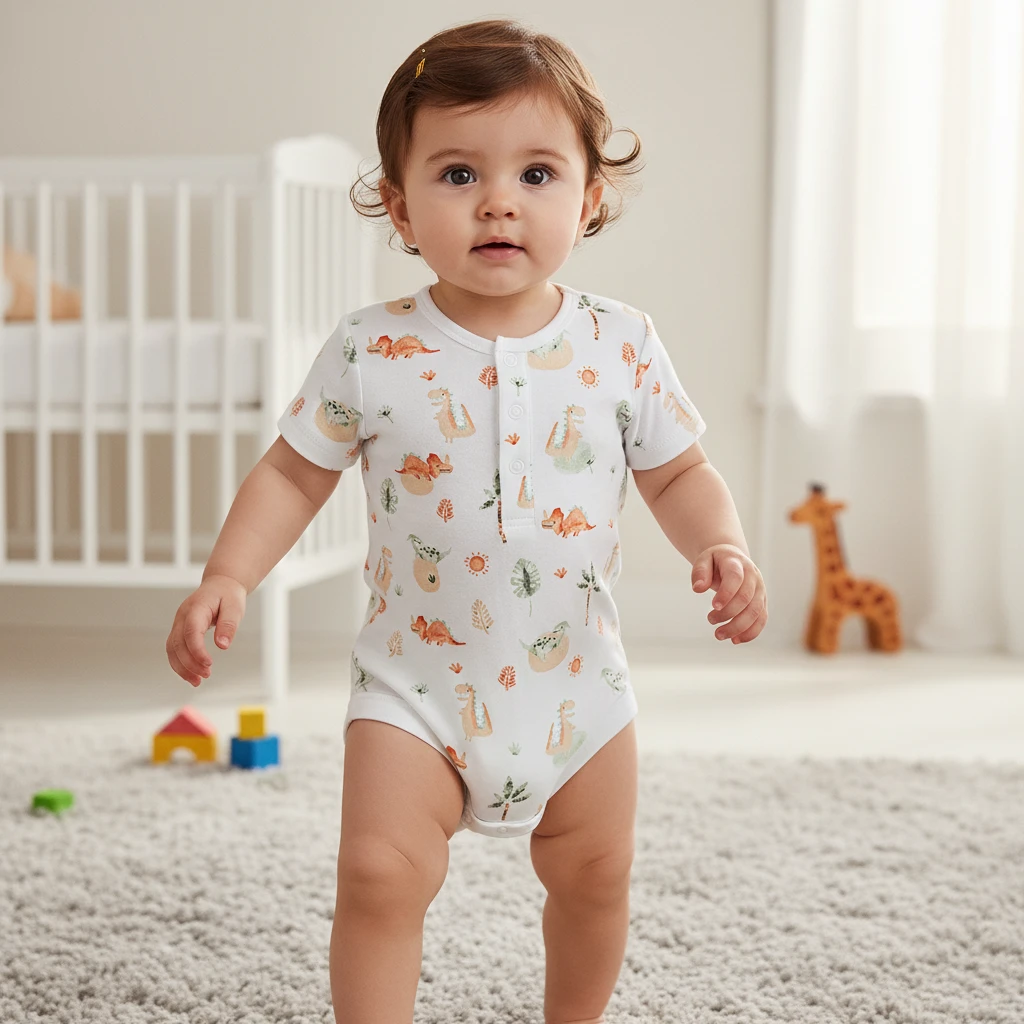 Toddler wearing a white short-sleeve bodysuit featuring a colorful dinosaur print, standing in a bright nursery room.