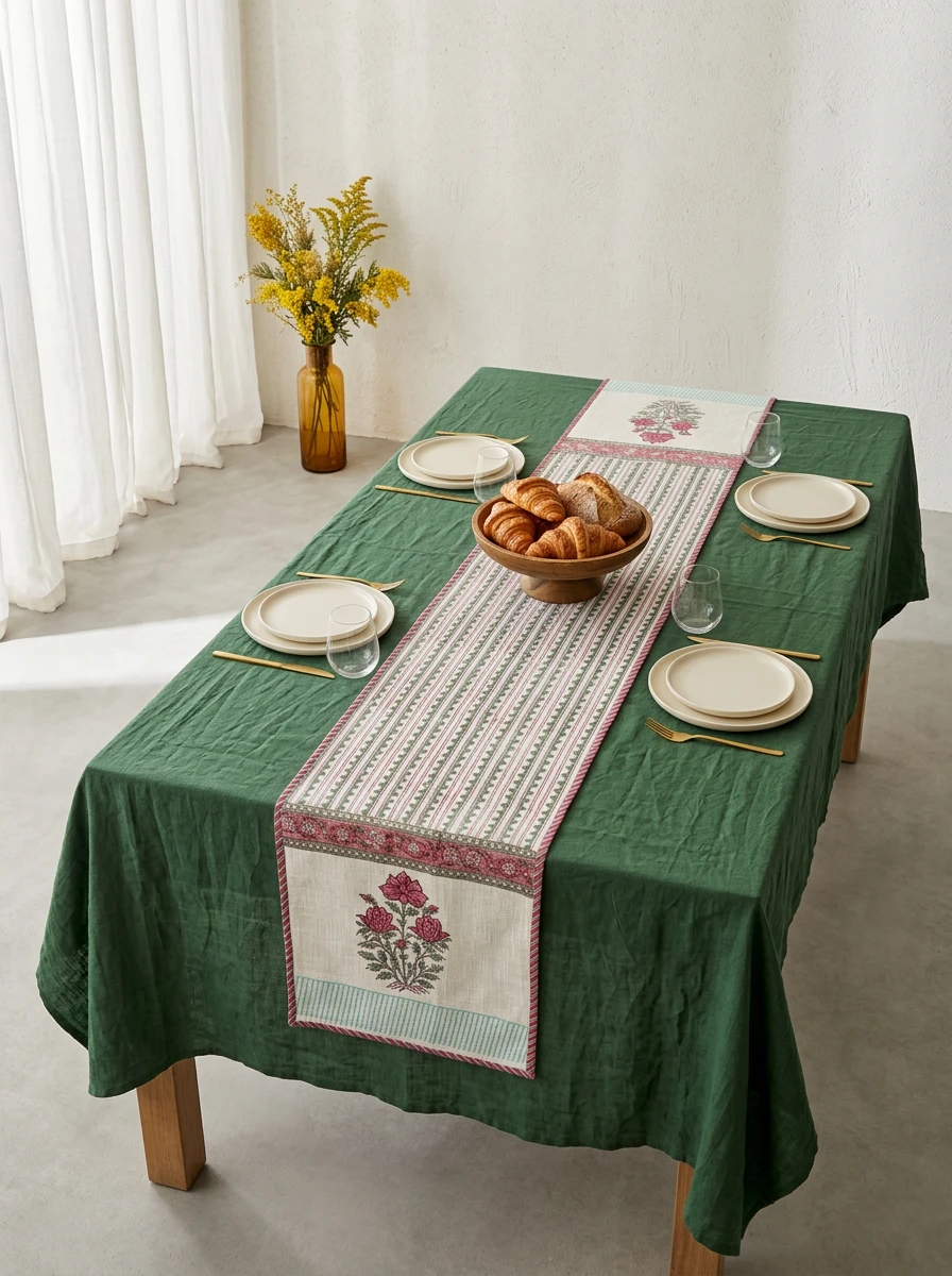A green table runner with pink floral and striped block print design on a dark green tablecloth.