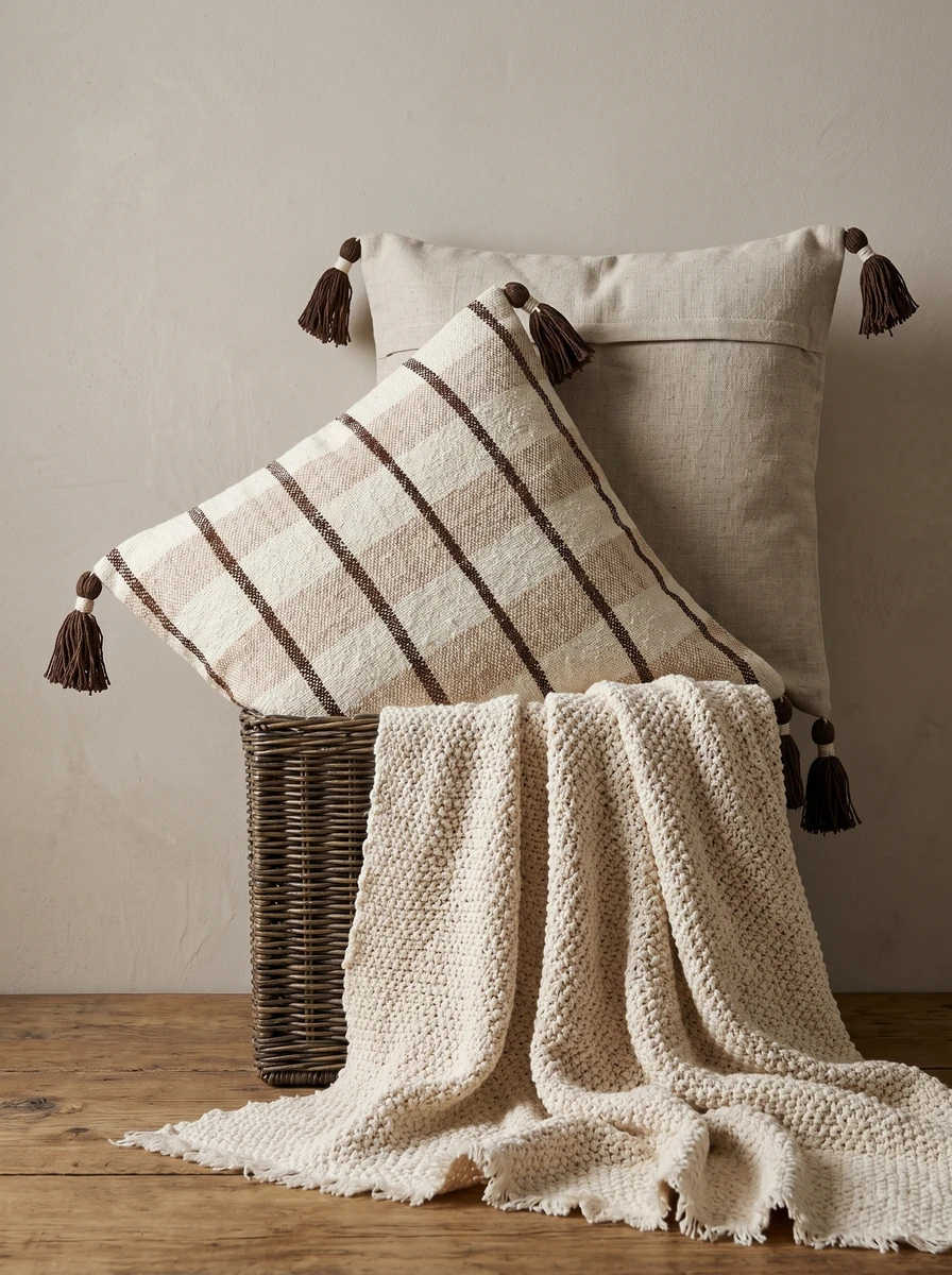 Two square cushions with brown tassels in a wicker basket with a beige textured throw draped over the edge.