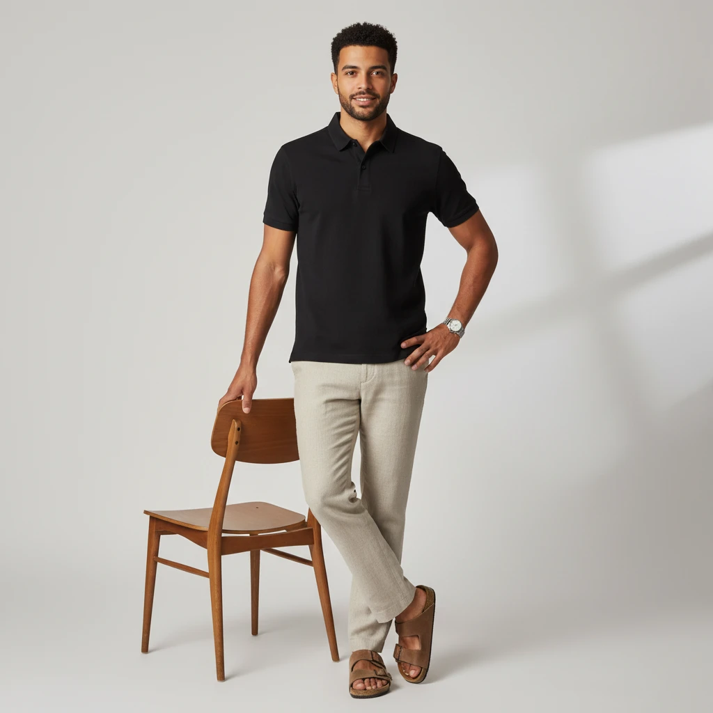 A male model wearing a black polo shirt and beige trousers leans against a wooden chair in a studio.