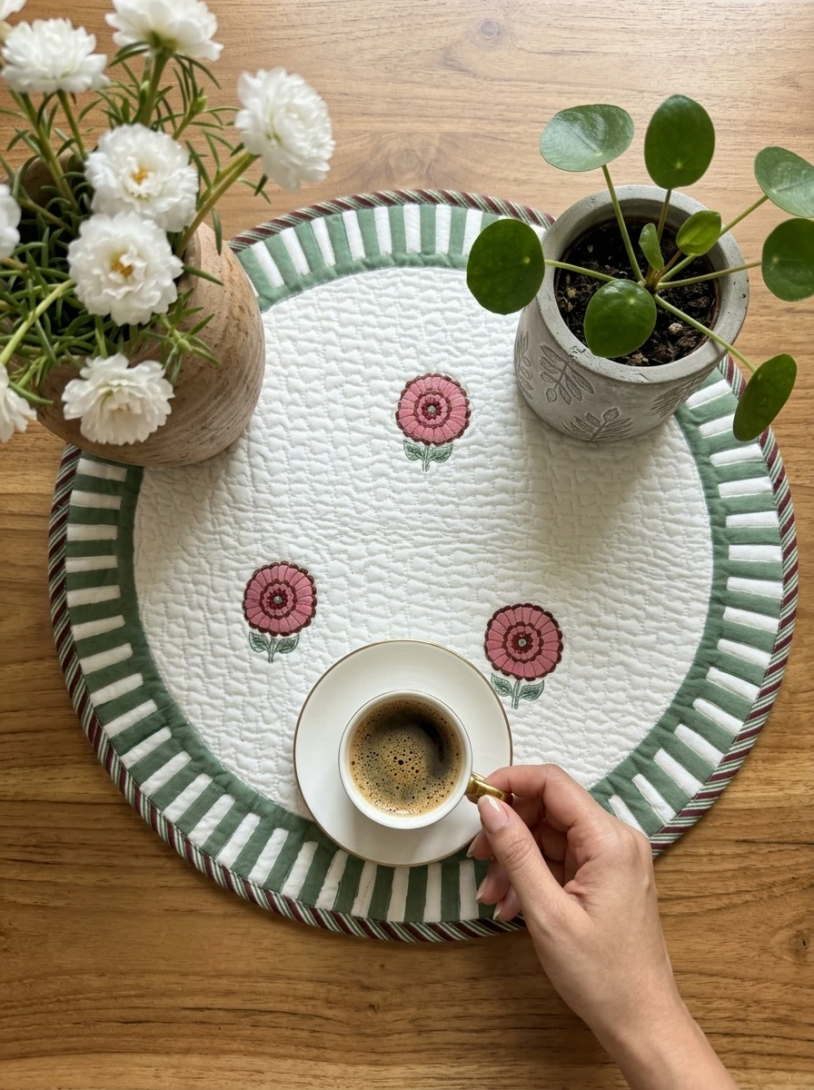 A white quilted round placemat with green striped border and pink flower embroidery holding a coffee cup.