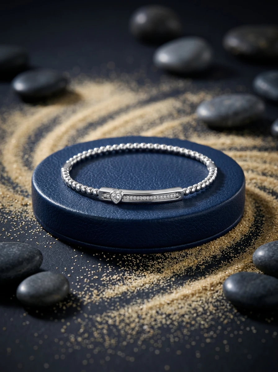 Studio AI photoshoot of a silver beaded bracelet on a blue platform, for a bracelet brand selling on marketplaces