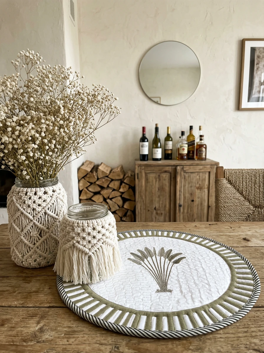 Round quilted placemat with botanical embroidery on a rustic table with macrame glass vases filled with dried baby's breath.
