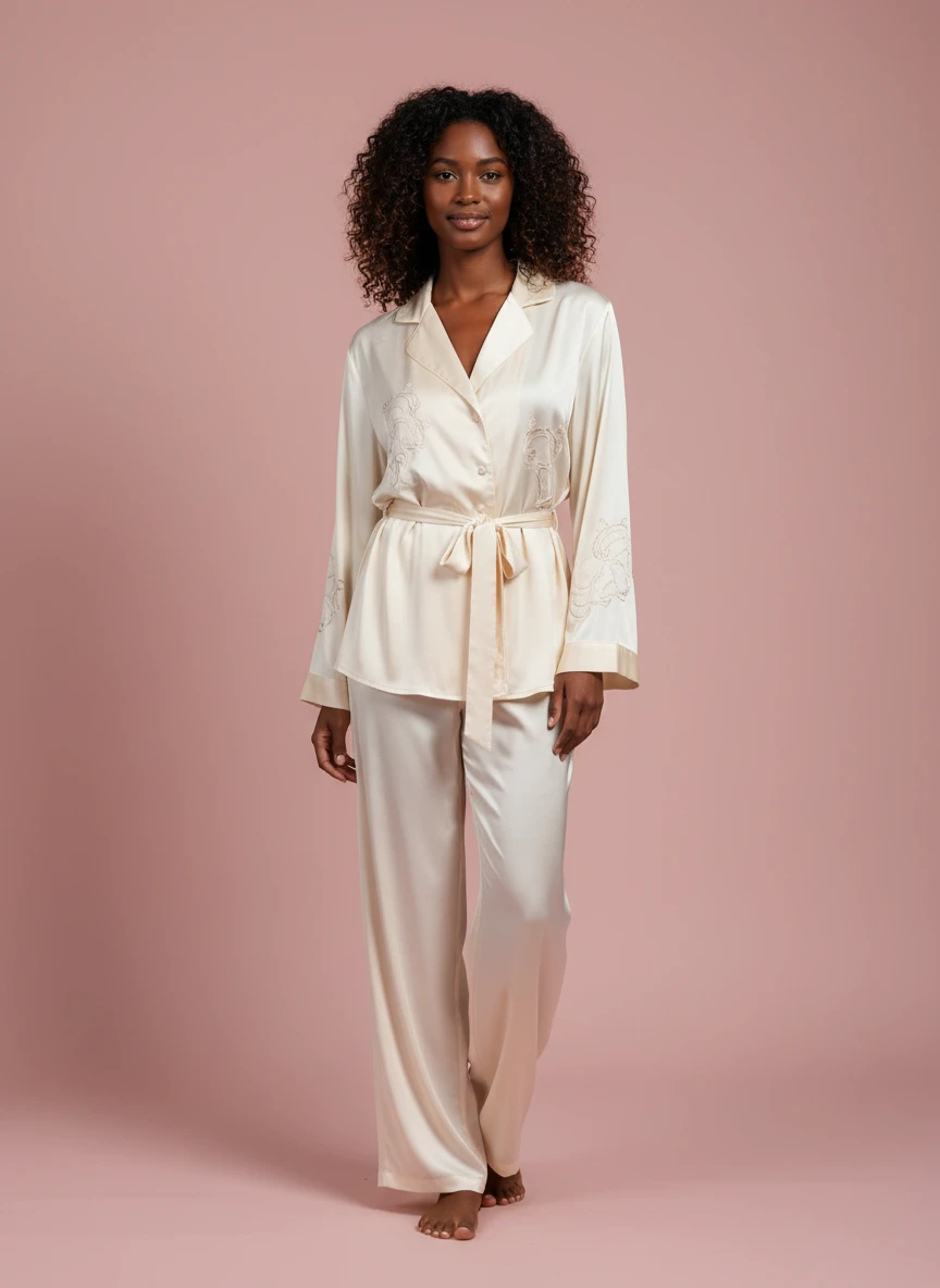 Model standing in cream silk pajama set featuring a button-down top with a tie waist and matching pants against a pink backdrop.