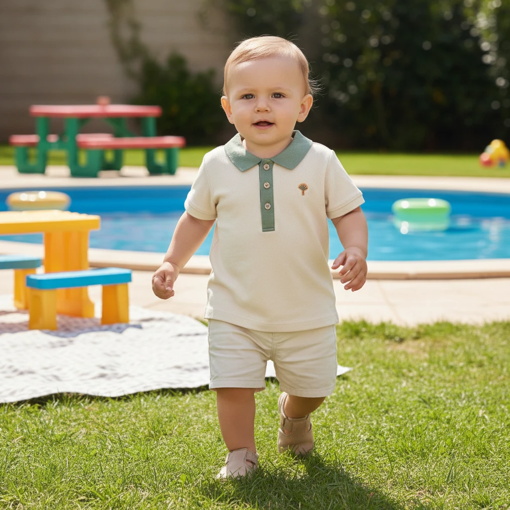 Toddler walking outdoors in a cream polo shirt with green collar and matching shorts by a swimming pool.