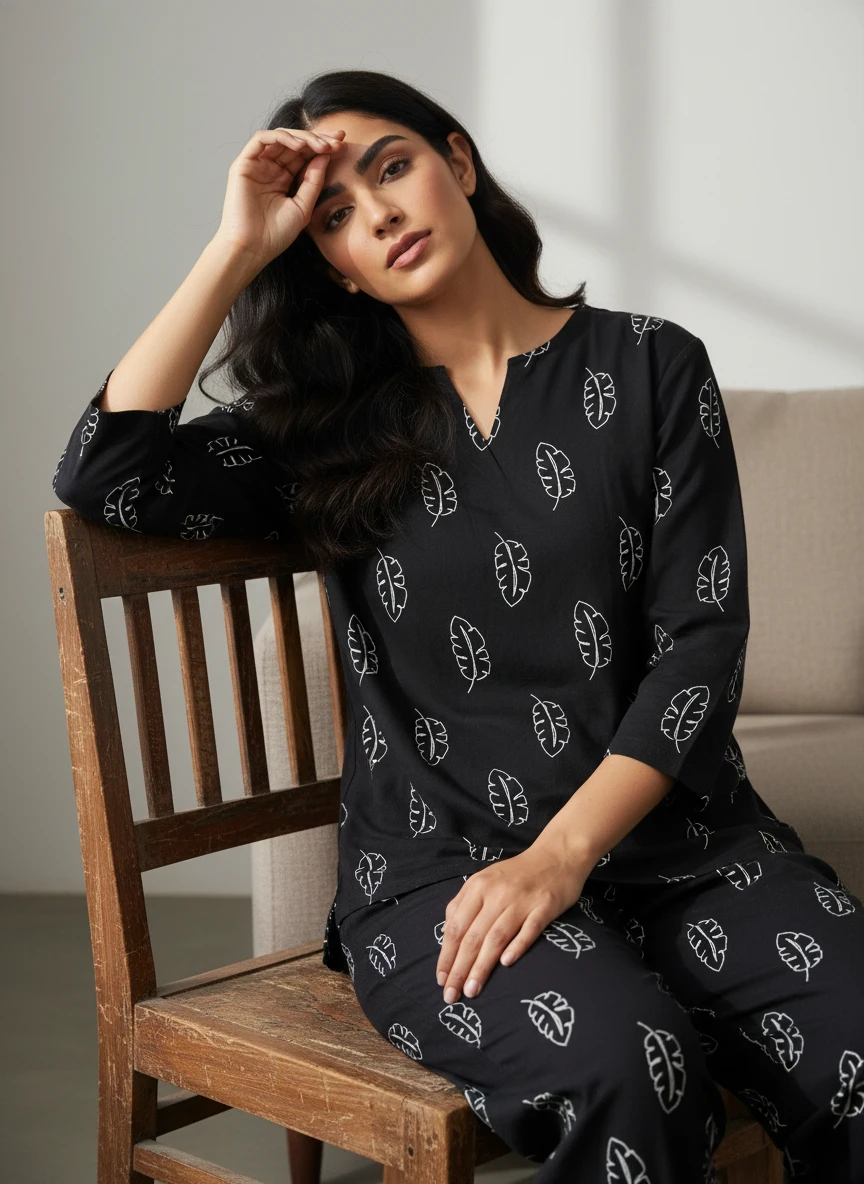 A woman poses indoors on a wooden chair wearing a black loungewear set with white leaf prints.