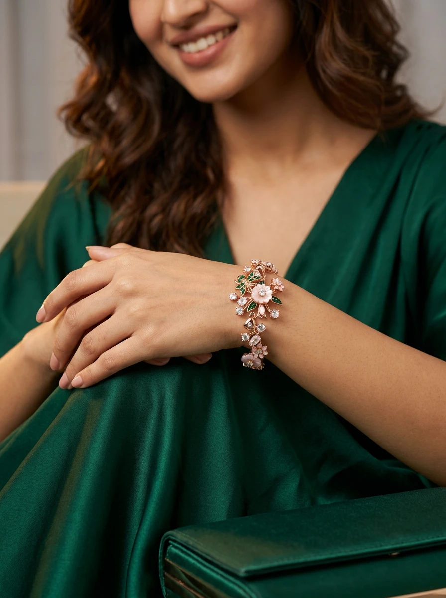 Outdoor lifestyle AI photoshoot of a floral bracelet on a model, for a bracelet brand selling on marketplaces