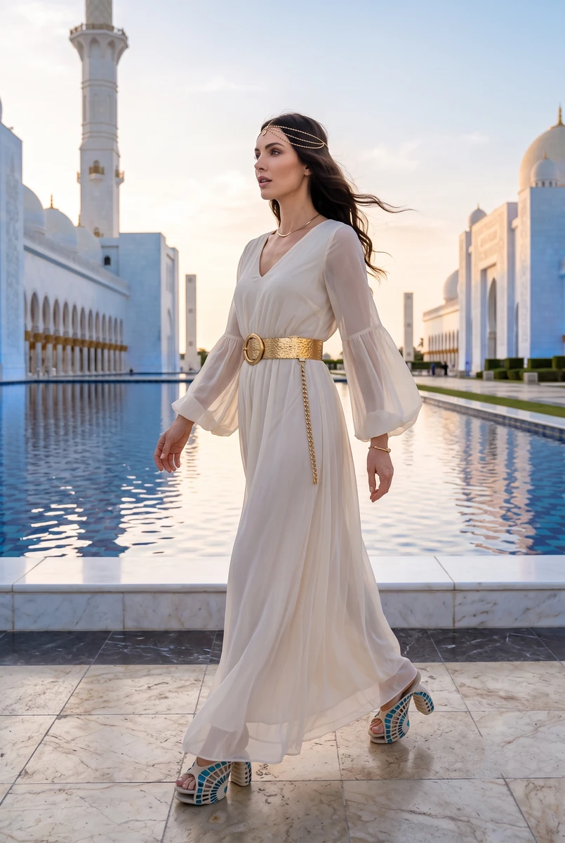 A woman walks in a white chiffon maxi dress with long sleeves and a wide gold belt near a reflecting pool and mosque.
