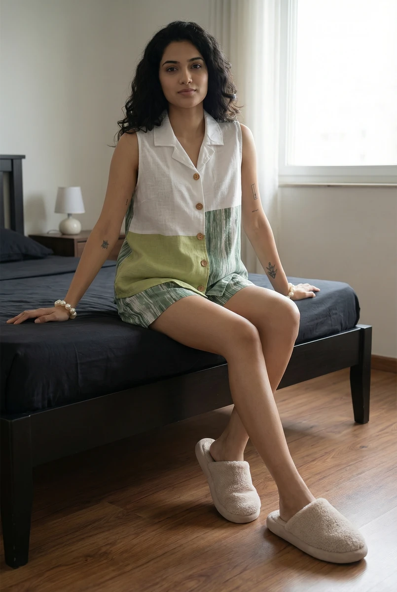 Woman sitting on bed wearing a sleeveless white and green button-down top with matching shorts and fuzzy slippers.