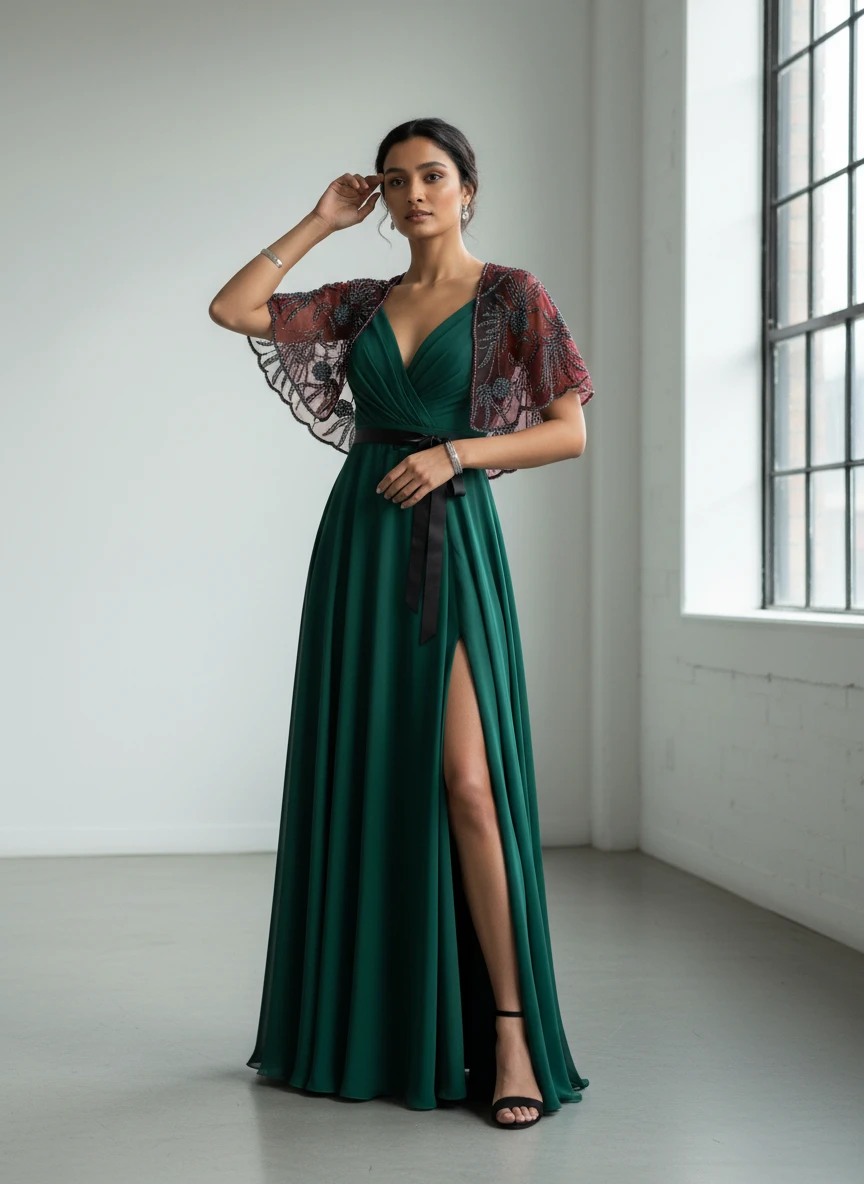 A woman wearing a dark green evening gown with a thigh-high slit, paired with a beaded burgundy capelet.