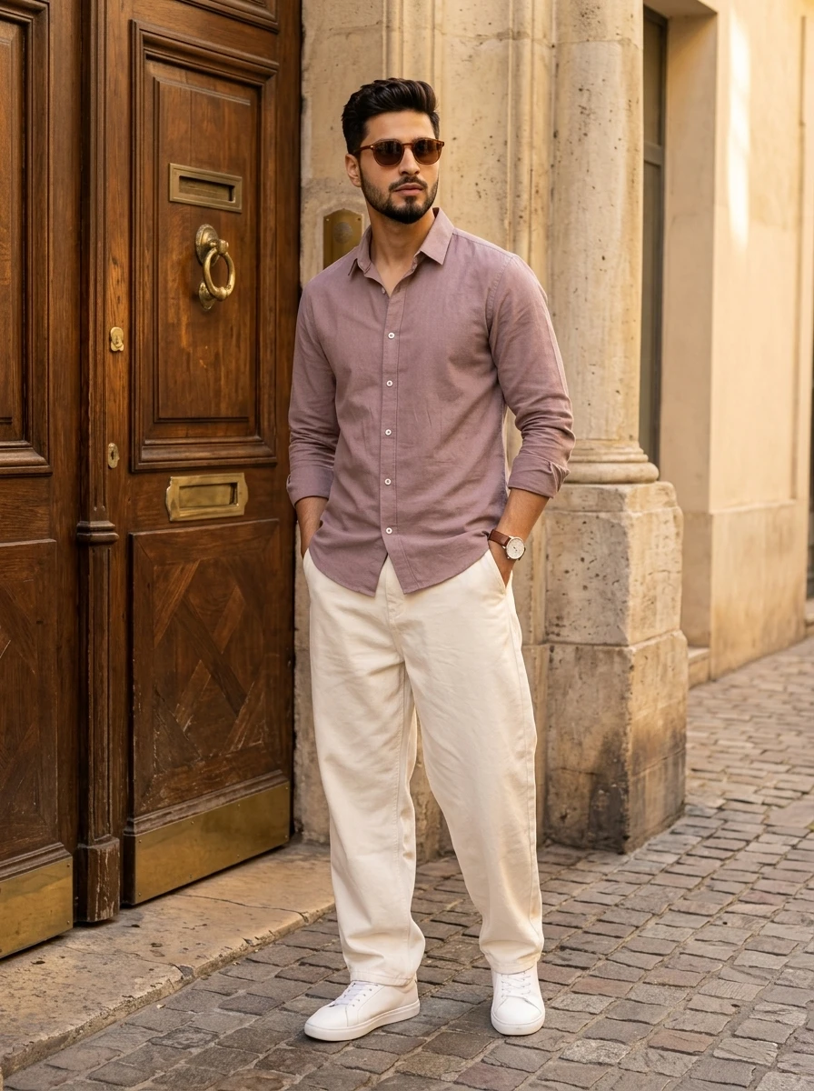 A man wearing a mauve long-sleeve button-down shirt and white trousers while standing outdoors.