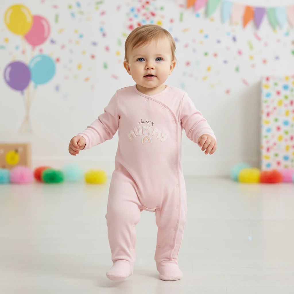A baby in a light pink footed romper stands in a room with colorful balloons and party decor in the background.