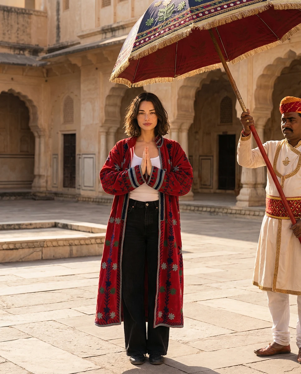 Woman wearing Almas red embroidered velvet coat over jeans with umbrella holder in background