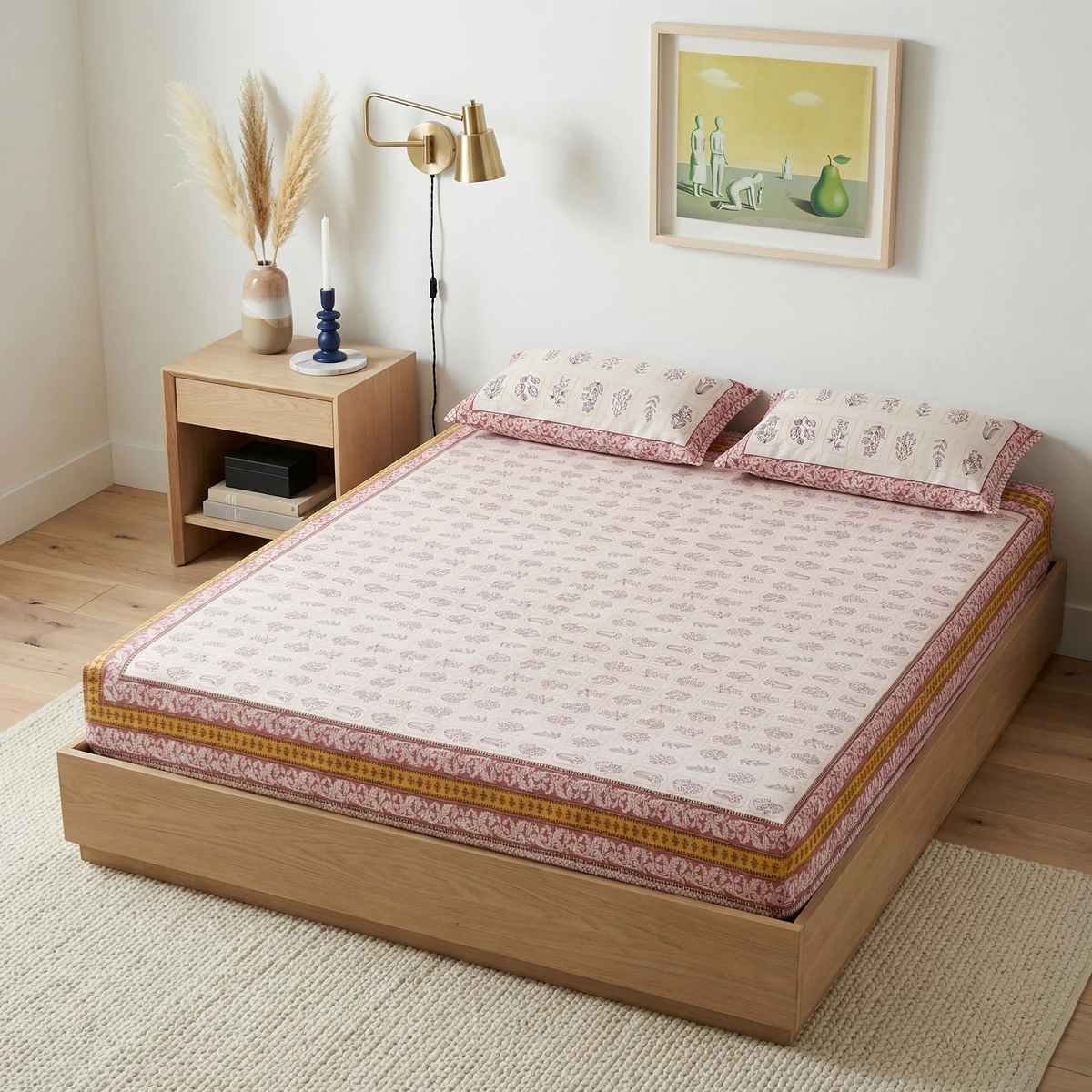 Kanika bed featuring printed cotton bed sheets with pink floral motifs and matching pillows in a bright bedroom.