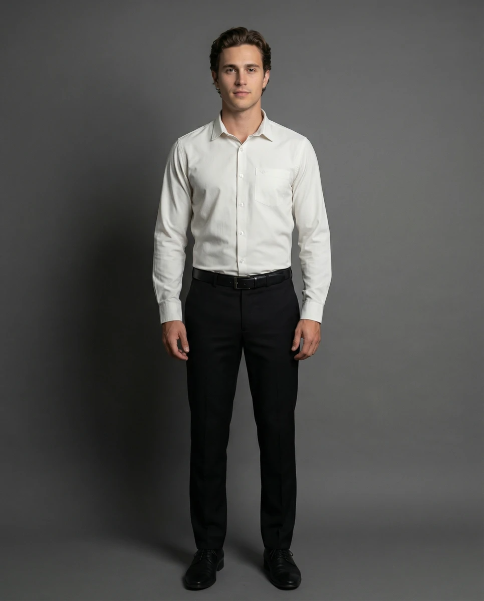 Man standing against a grey backdrop wearing a long sleeve cream button up shirt and black trousers.
