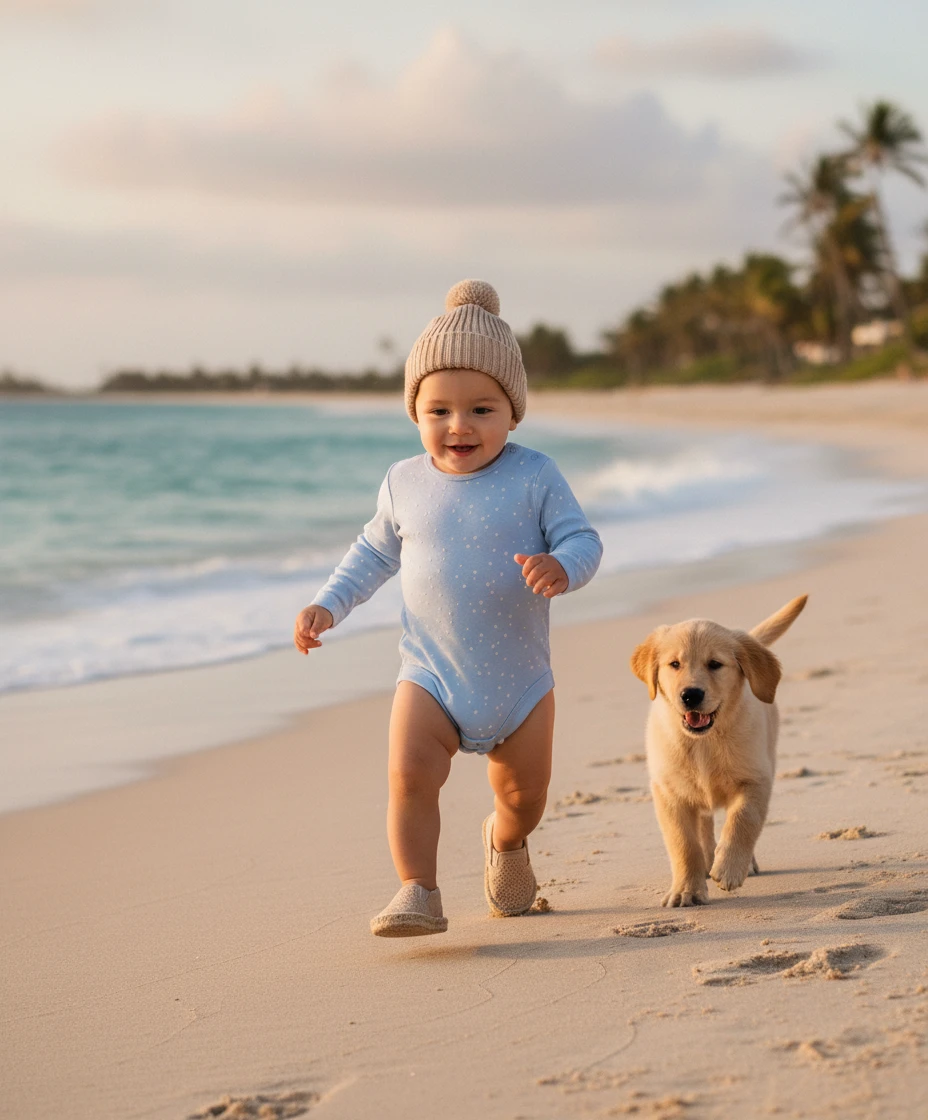 A smiling baby in a light blue polka dot bodysuit and beige pom-pom beanie walks on a beach next to a golden puppy.