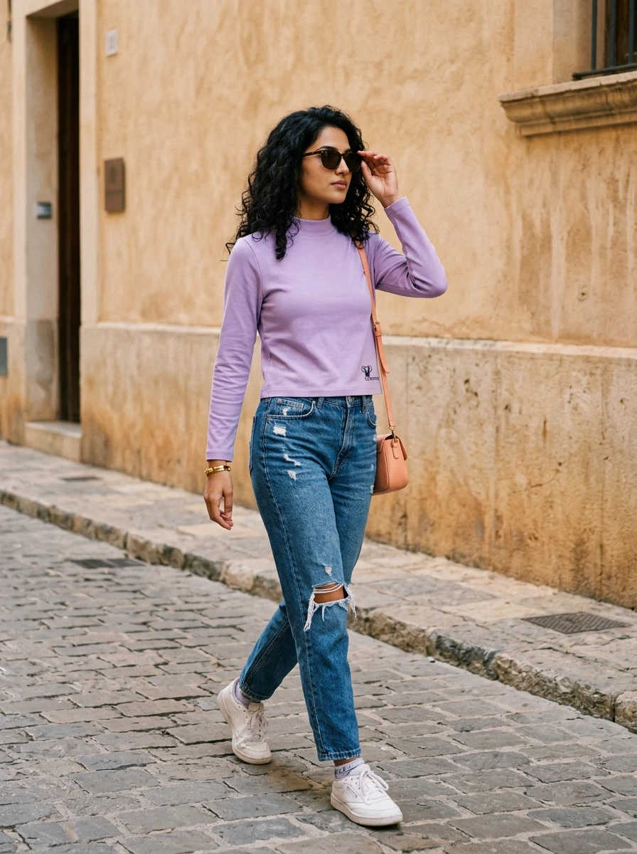 Woman wearing a lilac long-sleeve mock neck top and distressed blue jeans walking on a cobblestone street.