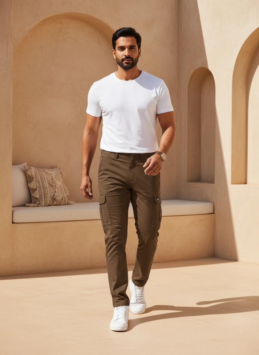 Man wearing a plain white t-shirt and olive cargo pants with white sneakers, walking outdoors in a desert-toned courtyard.