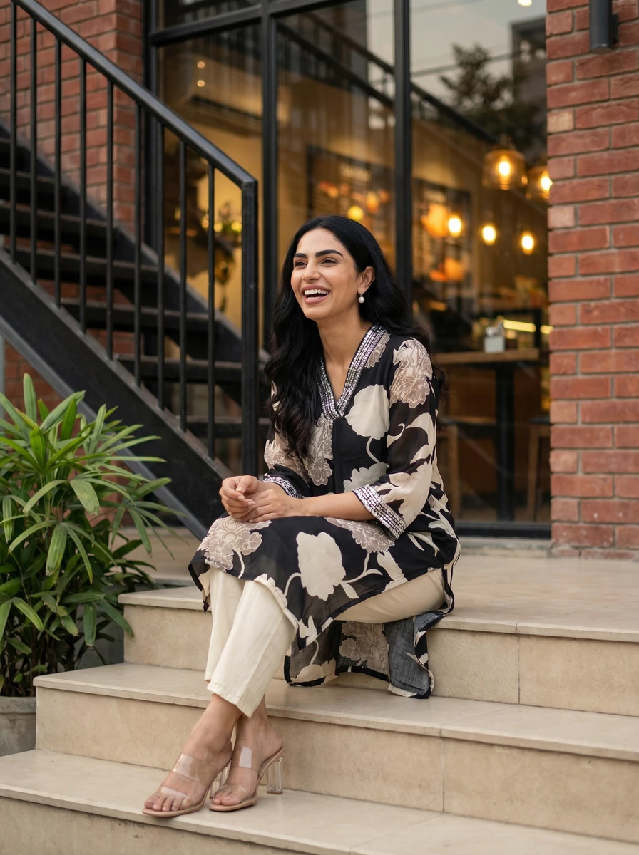A woman wearing a black and beige floral tunic and light trousers sits smiling on stone steps outdoors.