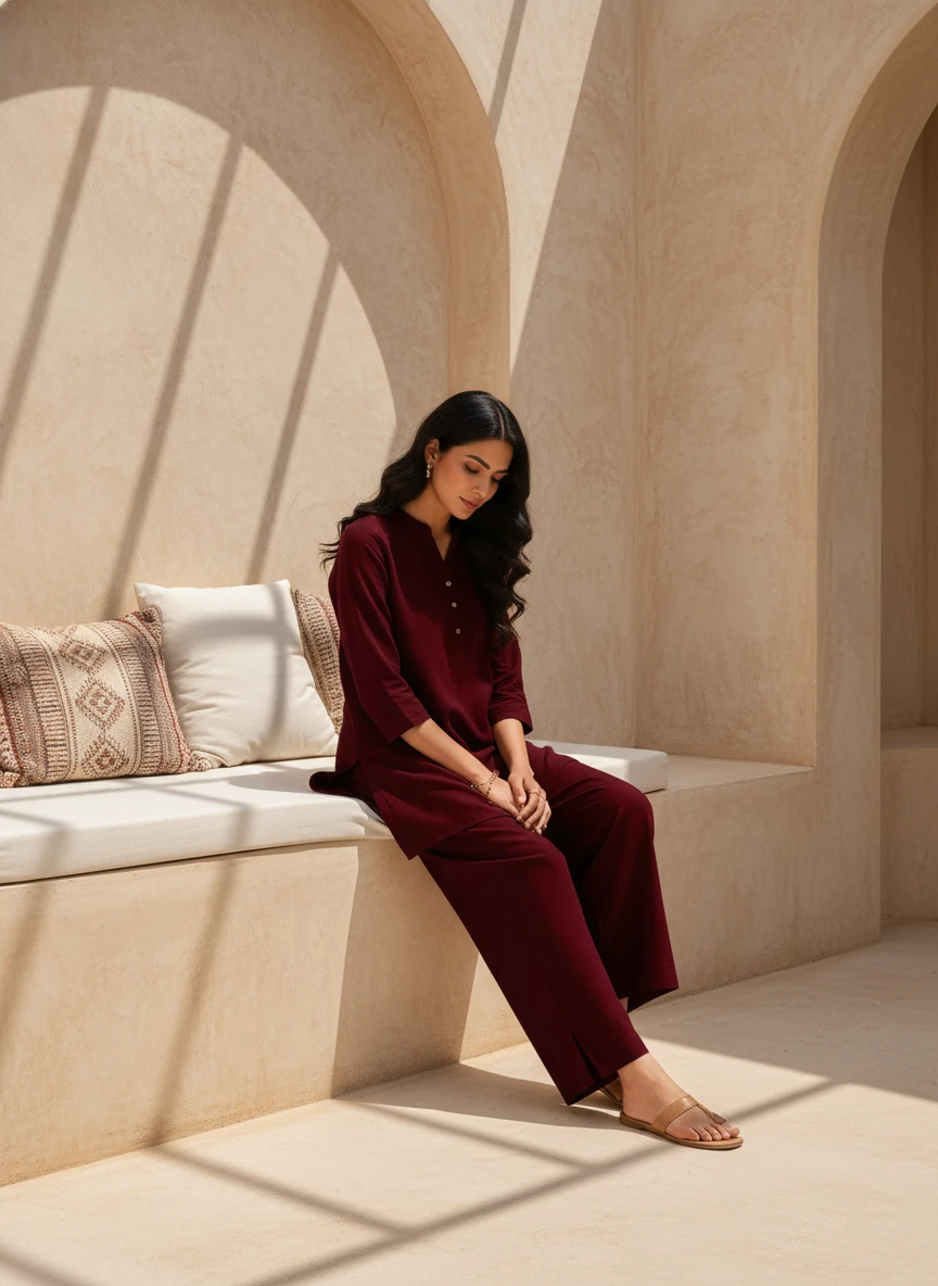 A woman wearing a maroon tunic and matching wide-leg trousers, seated against a textured archway.
